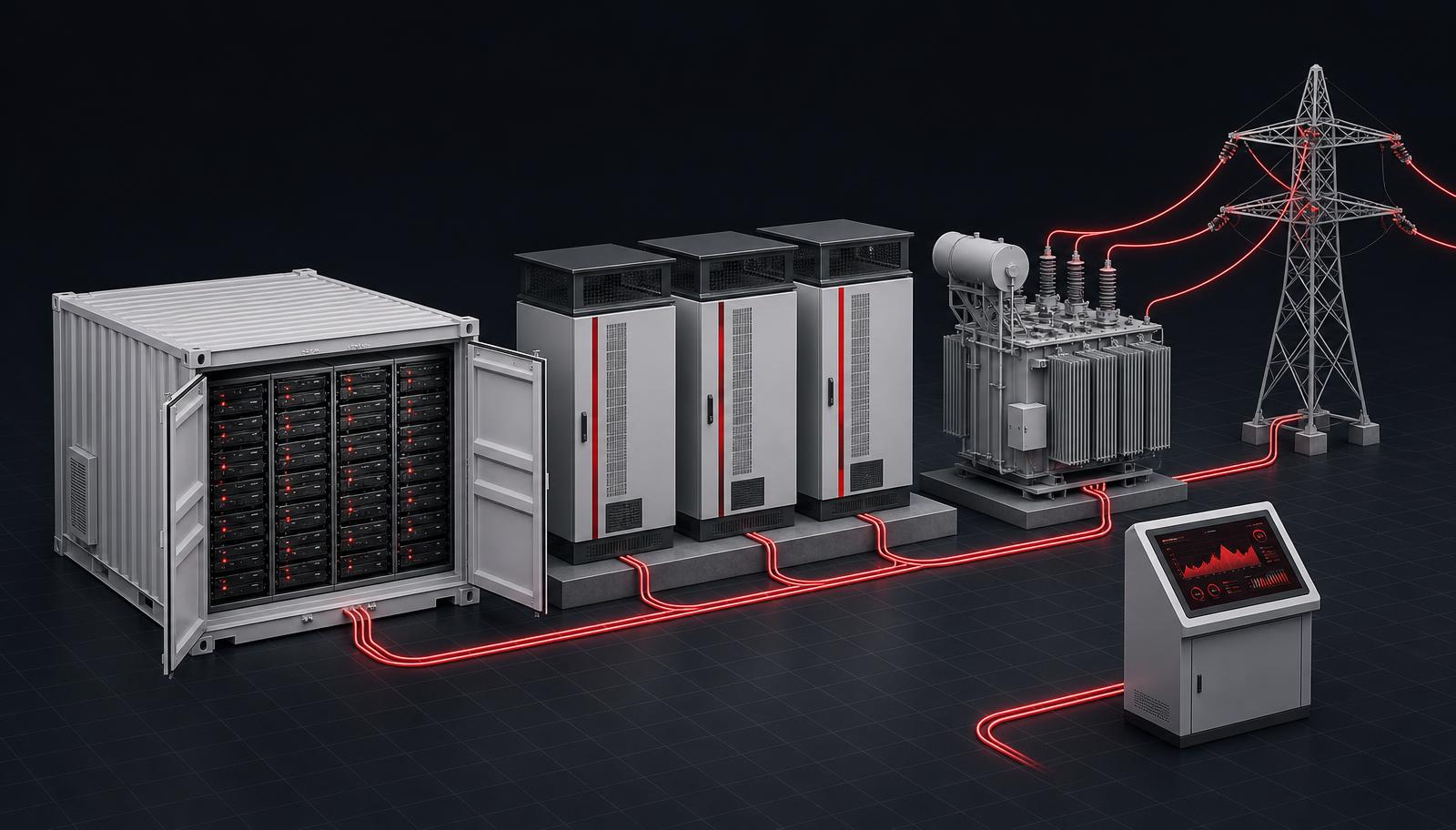 Isometric illustration of a battery energy storage plant: container, string PCS, transformer, grid connection and SCADA kiosk