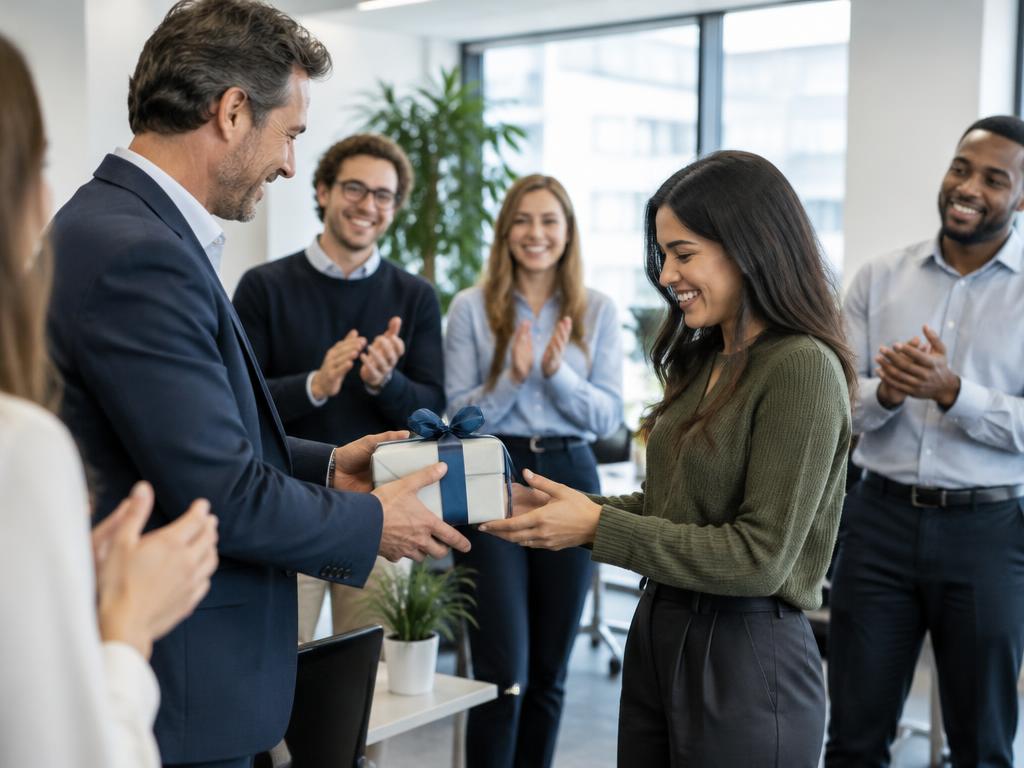 Team celebrating as a colleague receives a gift