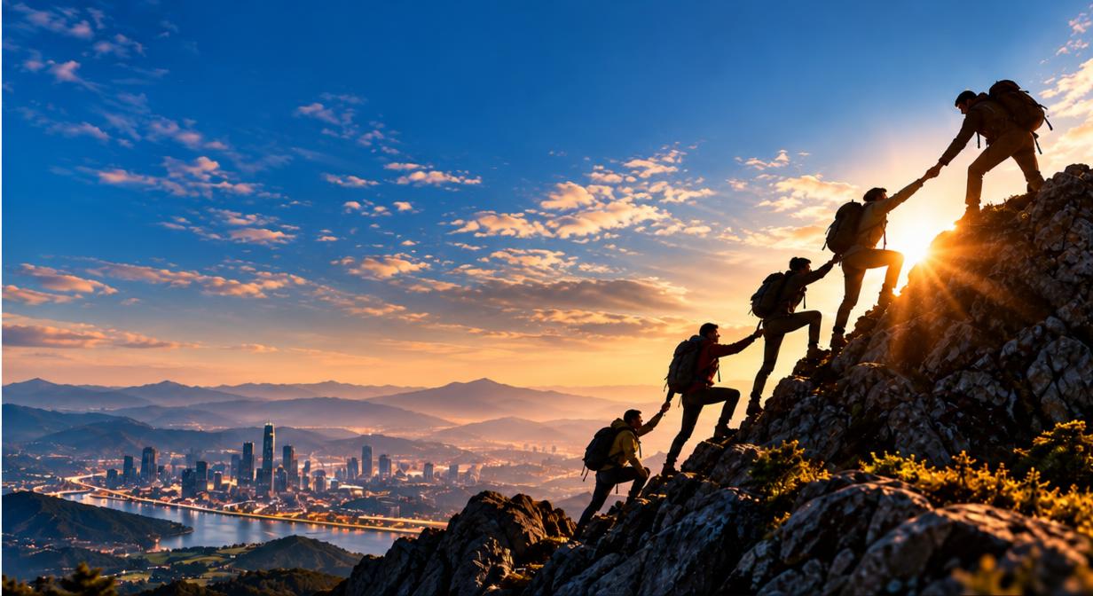 Climbers helping each other up a mountain at sunrise