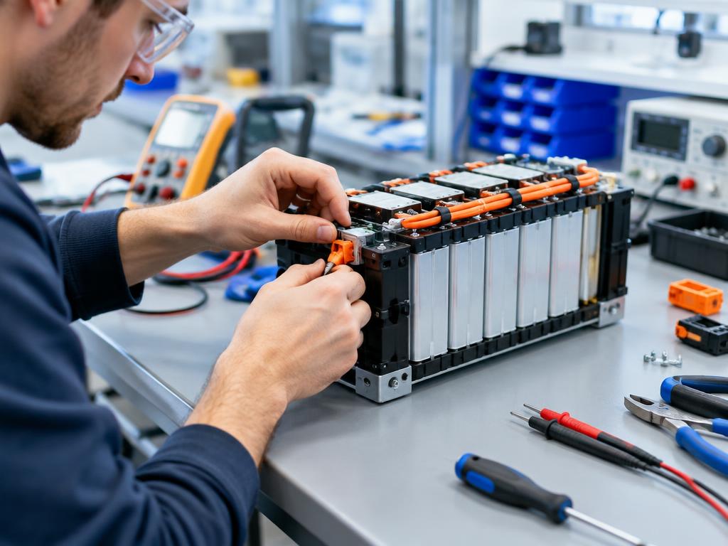Hands assembling a prototype battery module on a workbench