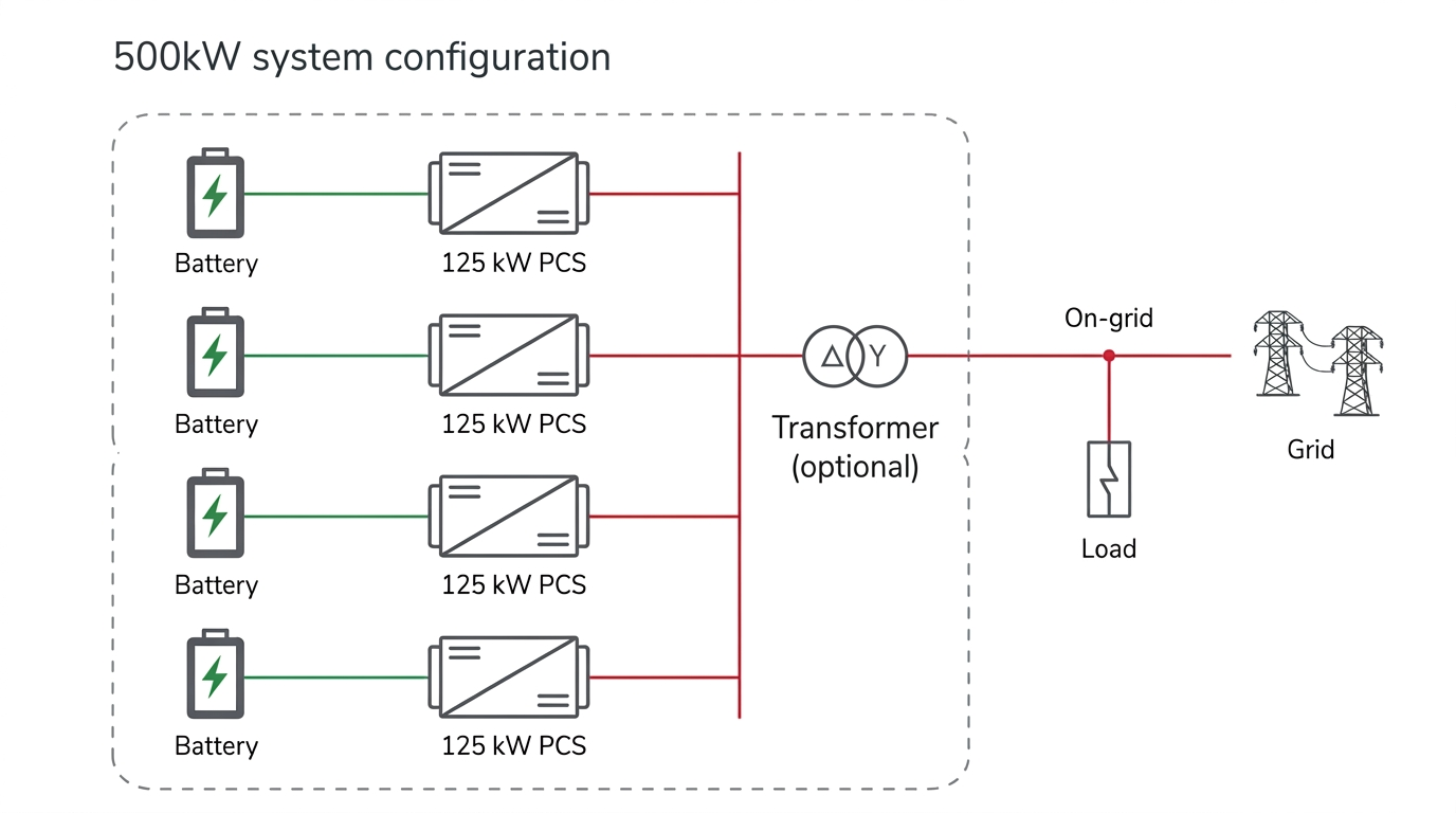 500kW system configuration: four batteries connected through four 125kW PCS modules to an optional transformer, the grid and a load